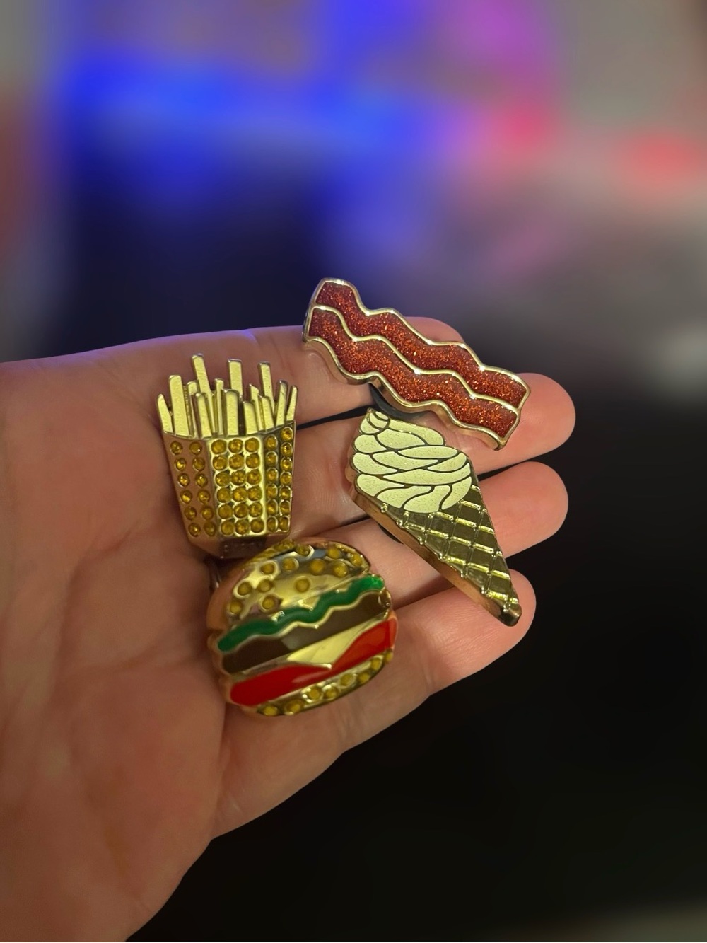 Metal Novelty Food Croc Charms Set - Glitter Bacon, Fries, Burger & Ice Cream